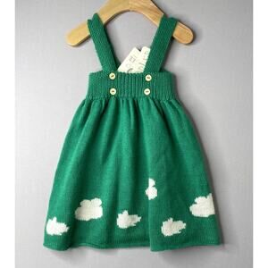 NWT Waddler Alpaca Knit Kelly Green/White Clouds Jumper Dress Girls 6-9-12 Mo